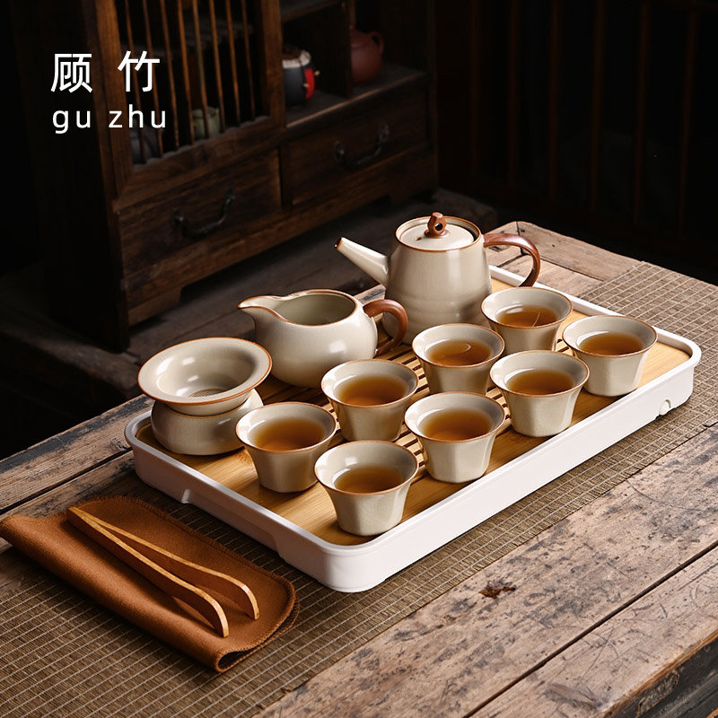 顾竹汝窑家用茶具套装陶瓷功夫盖碗客厅会客泡茶器个性喝茶杯茶道