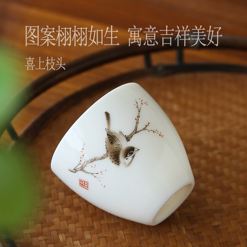 70ml茶杯花鸟功夫茶具品茗杯羊脂玉白瓷家用办公室陶瓷茶具单杯子