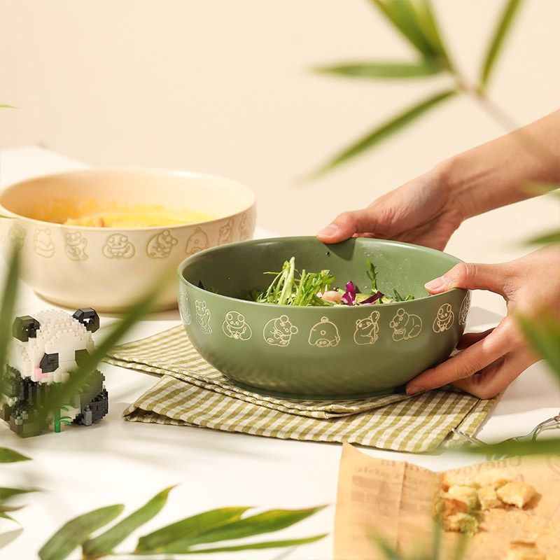蓝莲花家居熊猫8寸大汤碗陶瓷面碗大号吃面碗可爱复古深碗可微波