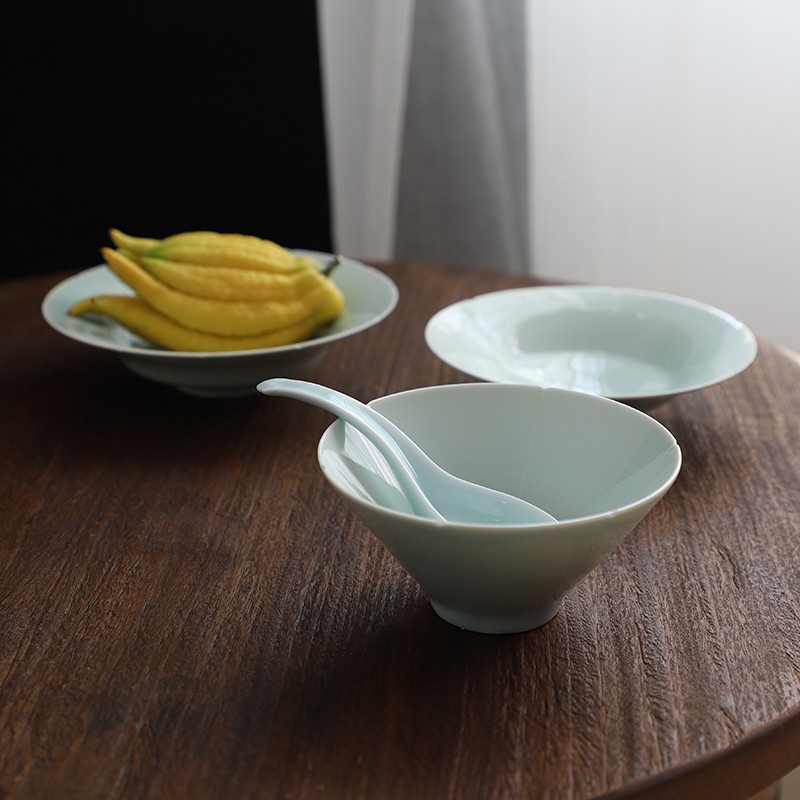 山水一间宋风餐具家用葵口饭碗汤碗中式小碟菜盘纯色可放洗碗机