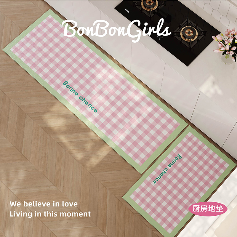 韩式格子撞色厨房专用地垫长条软矽藻泥吸水吸油浴室防滑垫可定制