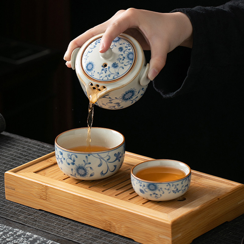汝窑快客杯一壶一杯单个人专用手抓泡茶壶茶杯露营便携式旅行茶具