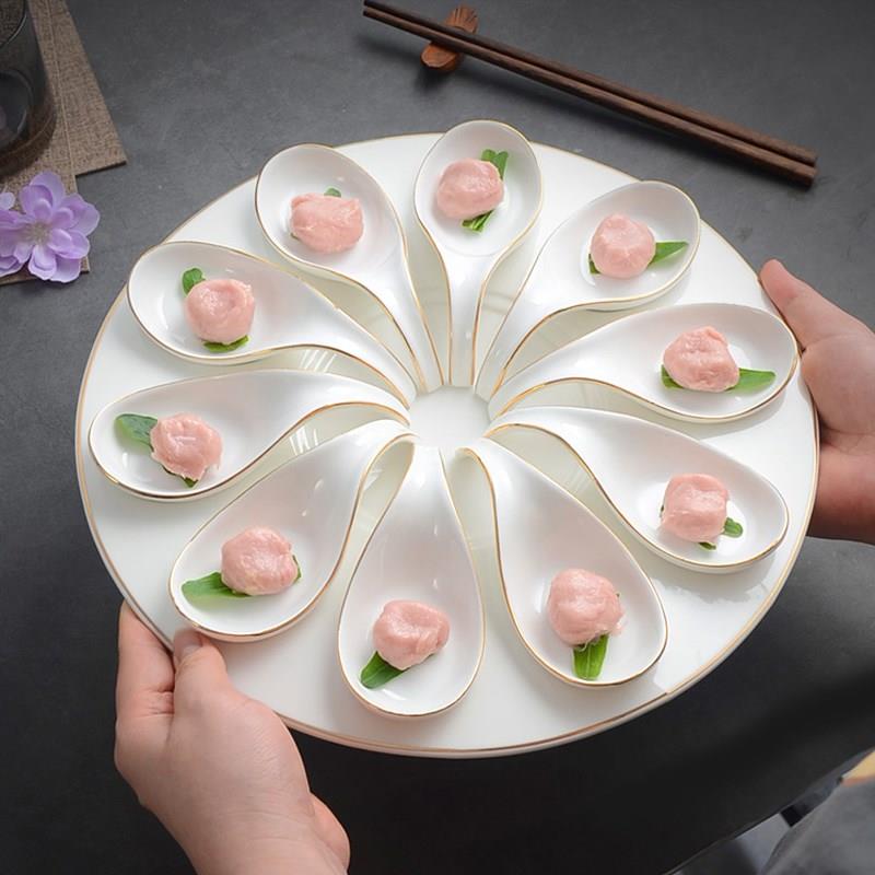陶瓷火锅丸子盘虾滑盘子中式意境菜餐具陶瓷十格小吃盘陶瓷冷菜碟