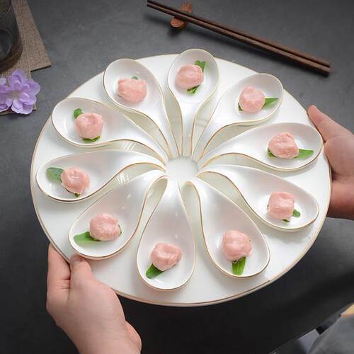 陶瓷火锅丸子盘虾滑盘子中式意境菜餐具陶瓷十格小吃盘陶瓷冷菜碟