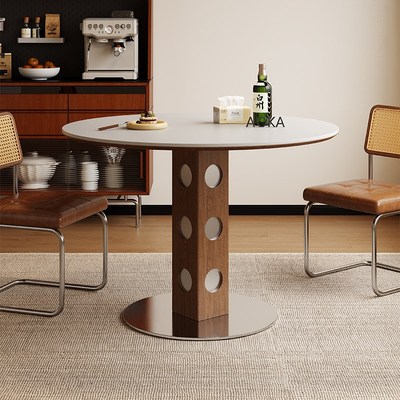 伯格圆桌餐桌实木岩板圆形家用小户型不锈钢白蜡木纯白1米小圆桌