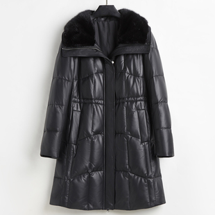 歌珞伊8920-1真皮皮衣女羽绒服鹅绒中长款绵羊皮水貂毛领加厚外套