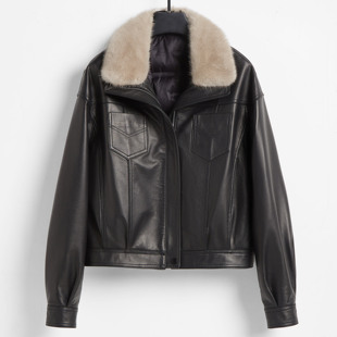 歌珞伊 8825-2 海宁真皮羽绒服女胎牛皮90白鹅绒水貂毛领冬季外套