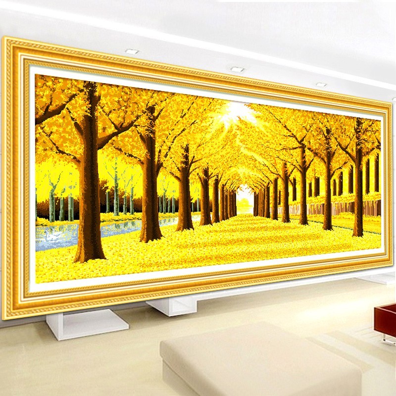 黄金满地钻石画成品纯手工贴好的满钻新款客厅水晶钻石绣风景挂画