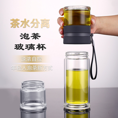 茶水分离玻璃杯大容量办公室水杯男士高档双层隔热耐高温泡茶杯子