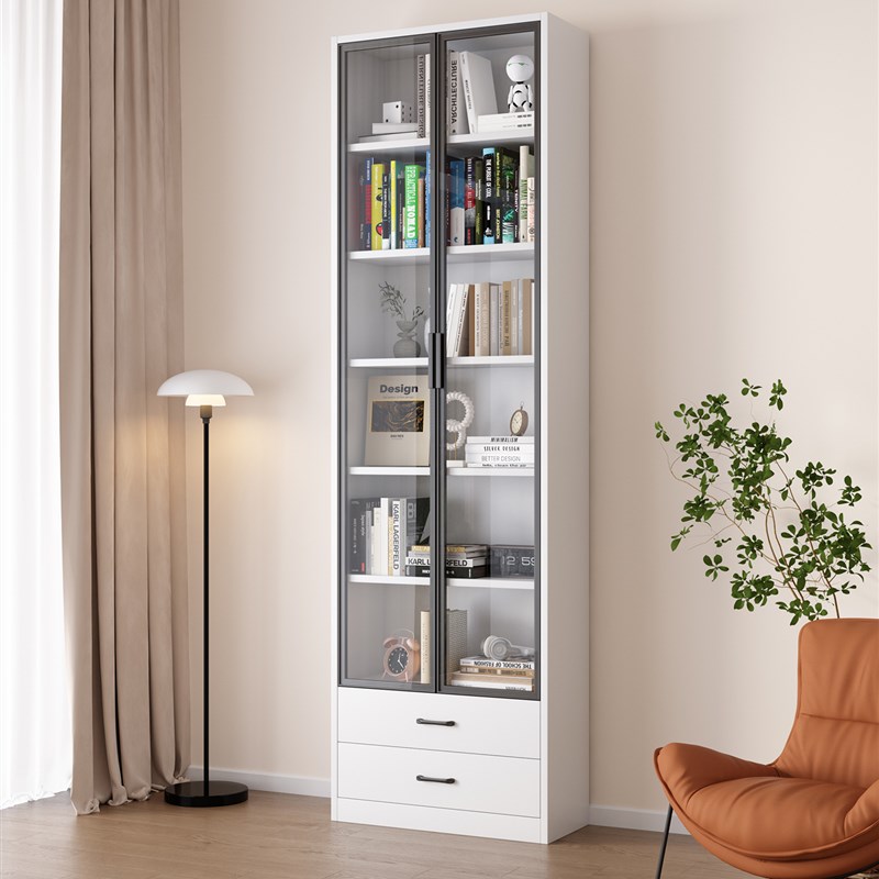 实木书架落地式储物架家用儿童书架玻璃门防尘客厅夹层储物展示柜