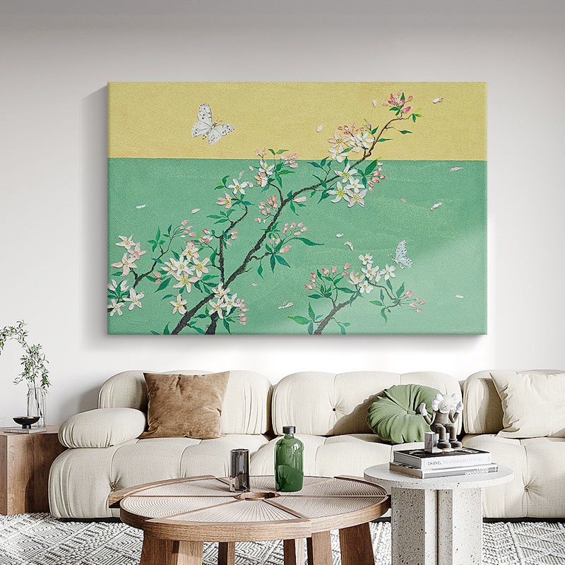 春暖花开复古花卉手绘油画客厅黄绿色横版装饰画玄关蝴蝶肌理挂画图片