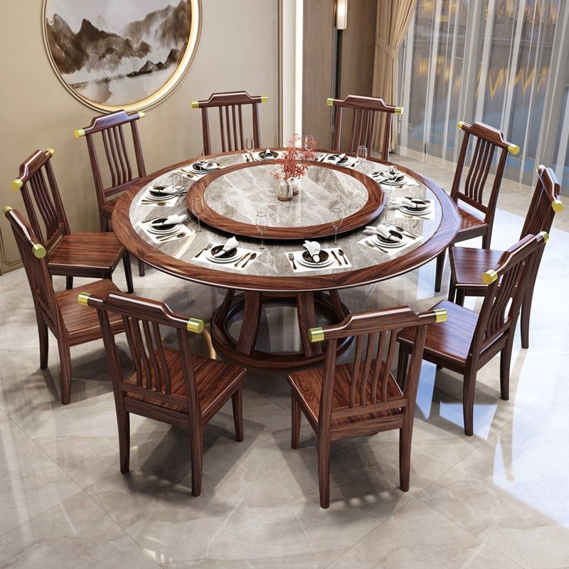 乌金木圆形餐桌整装椅乌金木高档全岩板0人人带转盘桌,住宅家具,岩板餐桌,淘宝优惠券,粉丝福利购,淘宝优惠卷