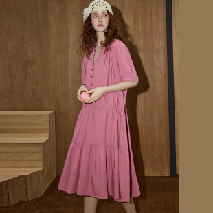 coolhut2025夏法式 气质百褶连衣裙 褶皱拼接宽松显瘦泡泡袖