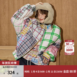 coolhut小众拼色彩色格子保暖上衣短款百搭冬季新款女棉服外套