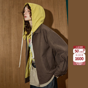 coolhut美式复古潮流休闲撞色2025秋新款百搭连帽宽松夹克外套女