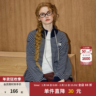 coolhut藏青色老钱风条纹连帽拉链开衫女慵懒风宽松针织外套毛衣