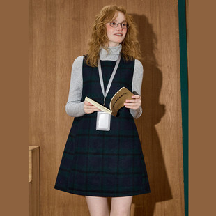 coolhut复古格纹毛呢休闲中长款女士显瘦背心裙2026春季连衣裙
