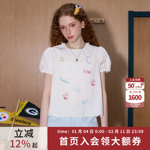 coolhut纯棉童趣字母刺绣泡泡袖花边短袖休闲2025夏季女式衬衫