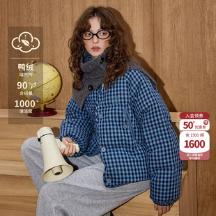 coolhut蓝黑格子格纹面包服棉服短款小个子冬季新款羽绒服外套女
