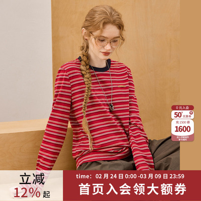 春款复古条纹女士长袖T恤红色