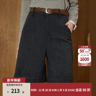 新款 coolhut复古风毛呢阔腿裤 冬季 休闲短裤 女高腰显瘦直筒五分裤