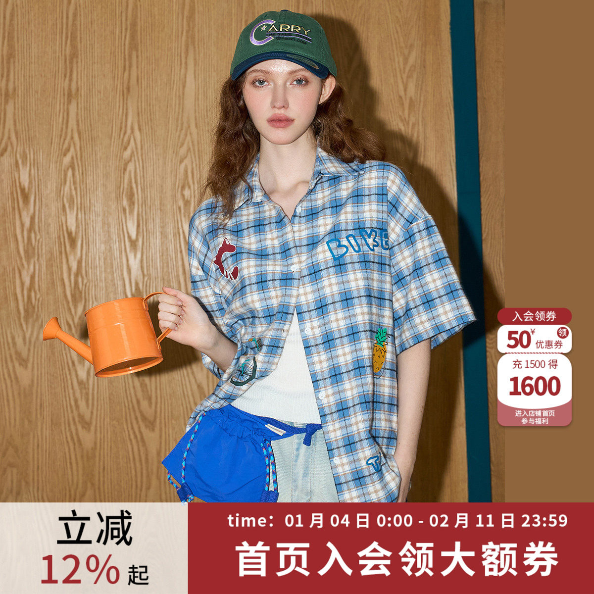 coolhut美式复古学院风短袖格子印花宽松百搭上衣女2025夏季衬衫,女装/女士精品,衬衫,淘宝优惠券,粉丝福利购,淘宝优惠卷