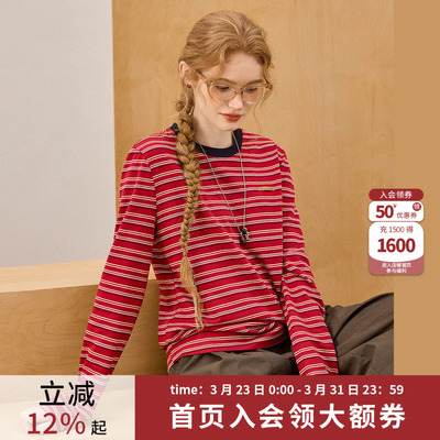 春款复古条纹女士长袖T恤红色