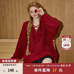 coolhut红色毛衣V领新年百搭冬季新款女款编织花朵女式针织毛衣