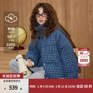coolhut蓝黑格子格纹面包服棉服短款小个子冬季新款羽绒服外套女