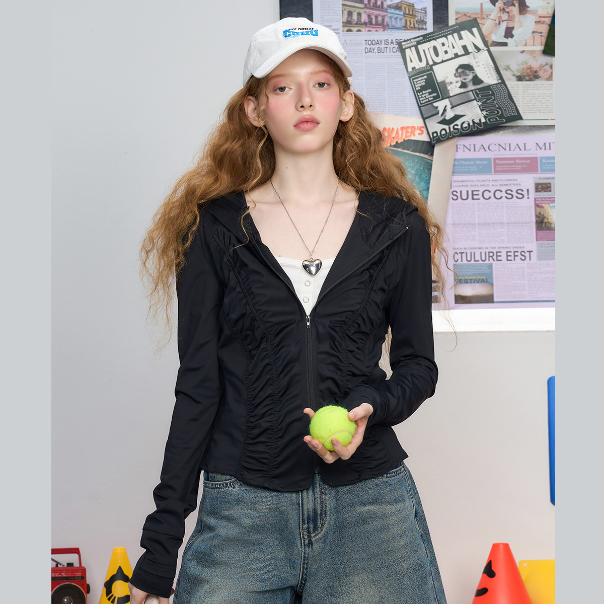 coolhut连帽波纹收褶修身遮阳冰丝长袖黑上衣2025夏季拉链外套女