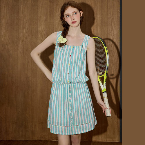 吊带夏日方领直筒多彩扣无袖宽松