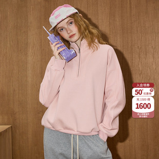 coolhut粉色冬季新款加绒保暖女款卫衣半拉链套头显瘦减龄上衣