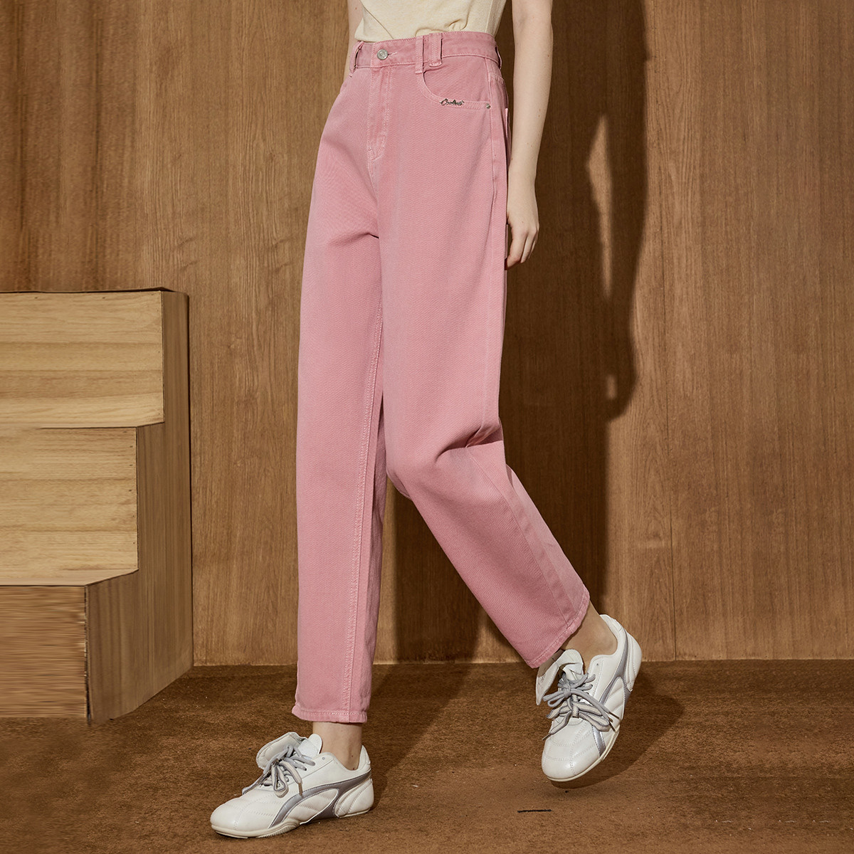九分粉色女式新款直筒休闲裤