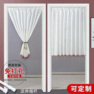 卧室玄关阳台隔断半帘装 清新纯色门帘布艺蕾丝拼接短帘四季 饰送杆