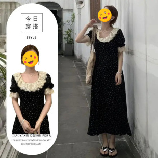 轻奢短袖 长裙黑色法式 中长款 荷叶领甜美碎花蕾丝夏季 茶歇 新款
