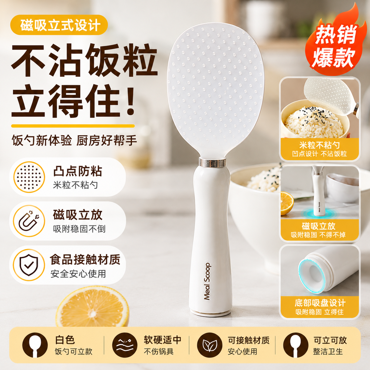 不倒翁饭勺磁吸可立式固定器电饭煲不粘饭食品级米饭勺耐高温盛饭