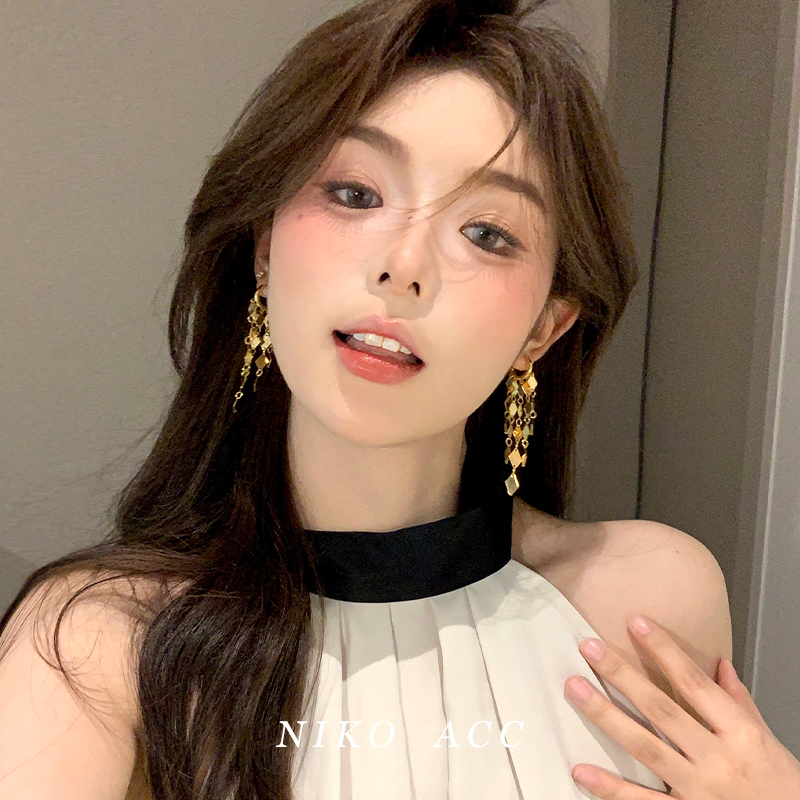 千金晚宴~超闪轻奢菱形亮片流苏耳环女金色长款耳钉绝美独特耳饰