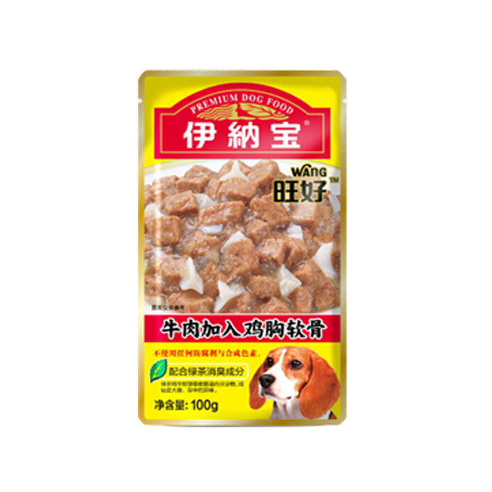 狗零食伊纳宝旺好鸡肉牛肉粒包幼犬成犬狗粮罐头湿粮100g*12通用