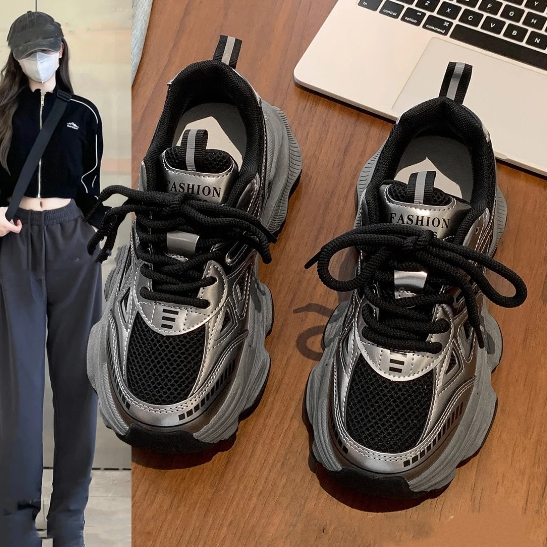 老爹鞋女加绒黑色鞋子2025新款春秋季百搭松糕厚底休闲运动鞋