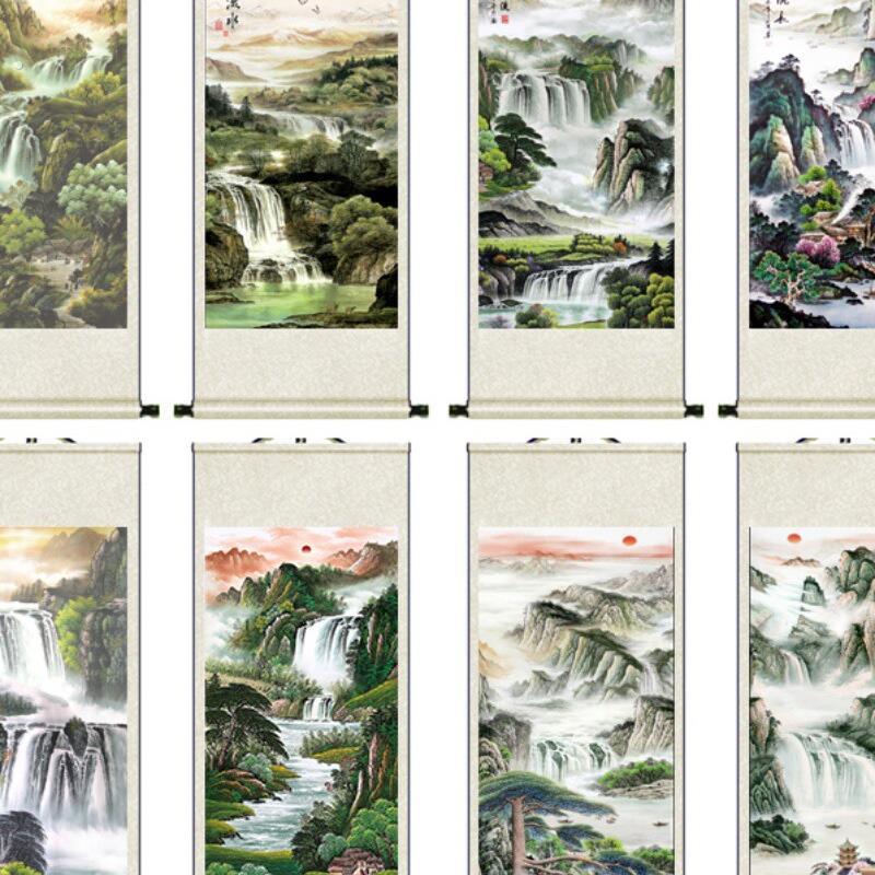 定制丝绸聚宝盆风光装饰山水画卷轴挂画客厅办公室书画竖版背画