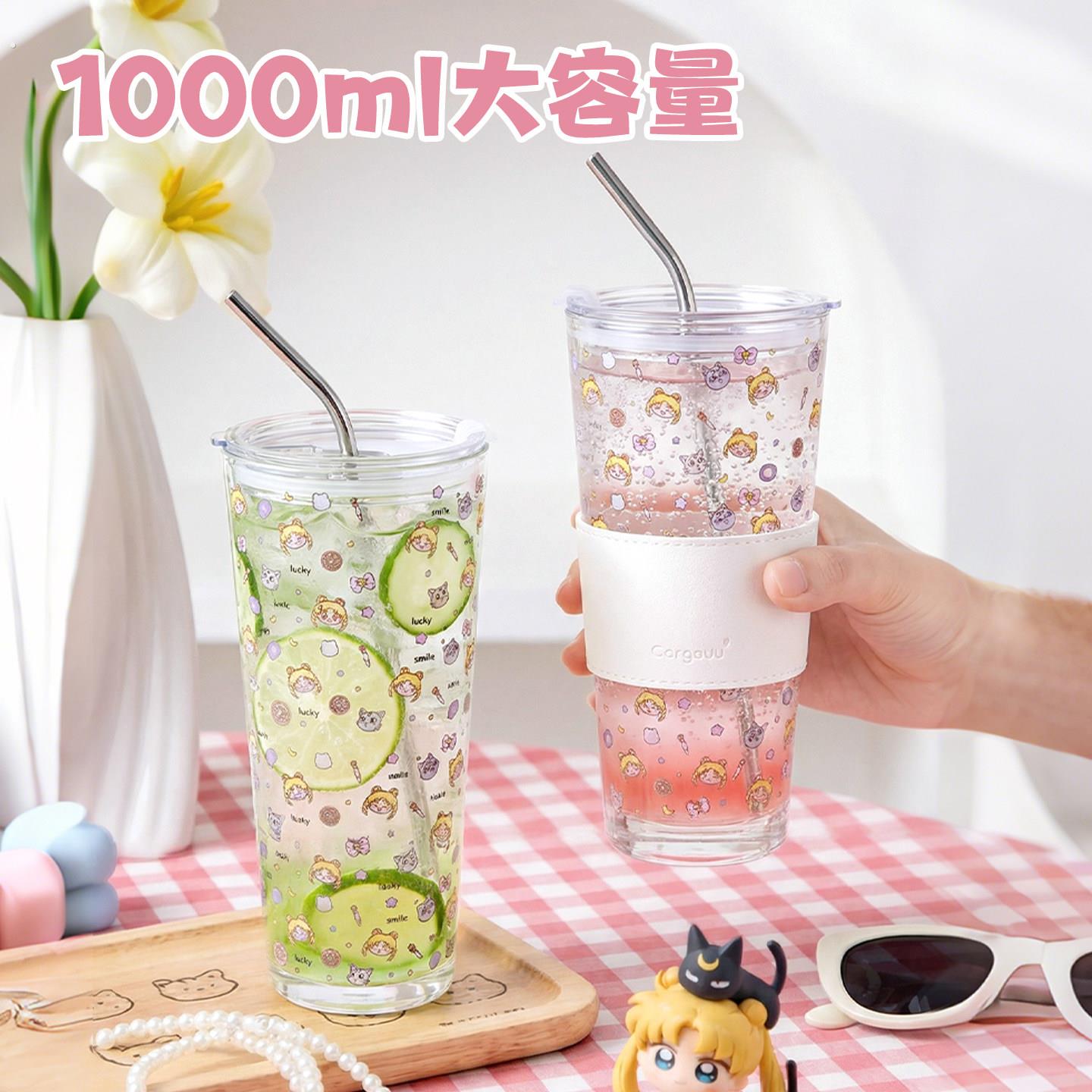 大容量玻璃杯家用水杯带盖咖啡吸管杯耐高温带把手透明办公室杯子