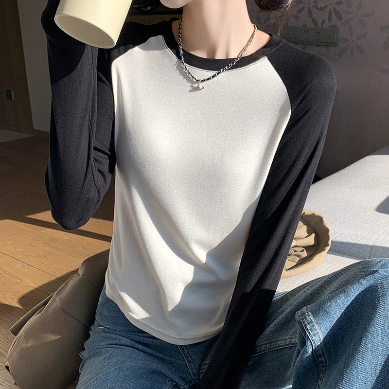 女装插肩恤女长袖黑色拼接修身