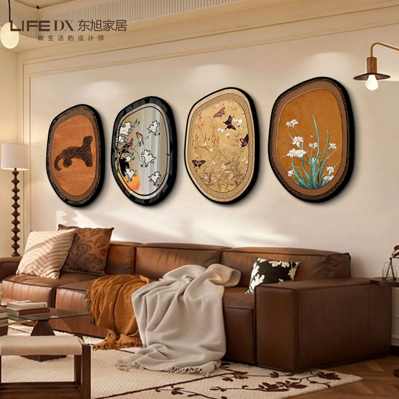 中古风复古客厅组合画镜子画沙发背景墙装饰画小众艺术异形挂画图片
