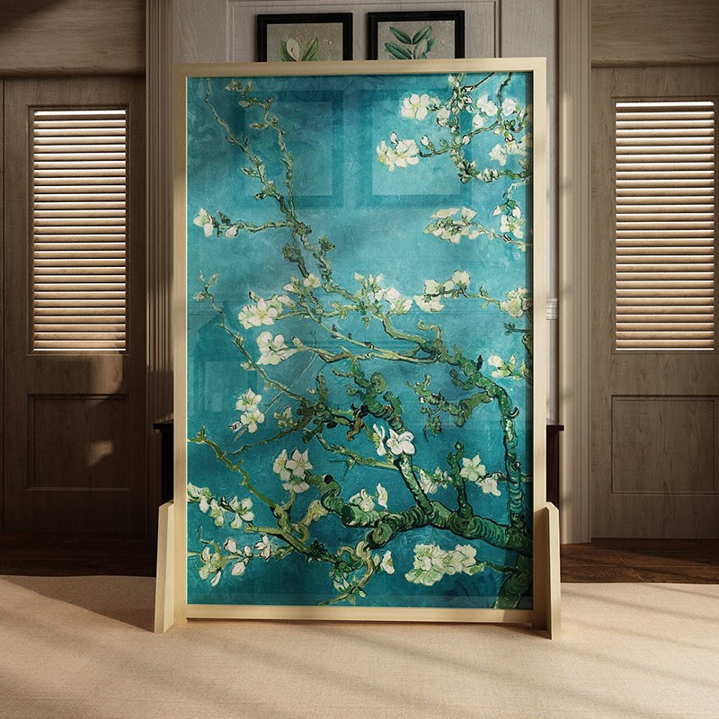 现代欧式油画实木移动屏风隔断装饰客厅小户型半透纱座屏梵高杏花图片