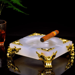 欧式 饰办公室雪茄摆件 个性 天然玉石烟灰缸家用茶几轻奢高档镀金装