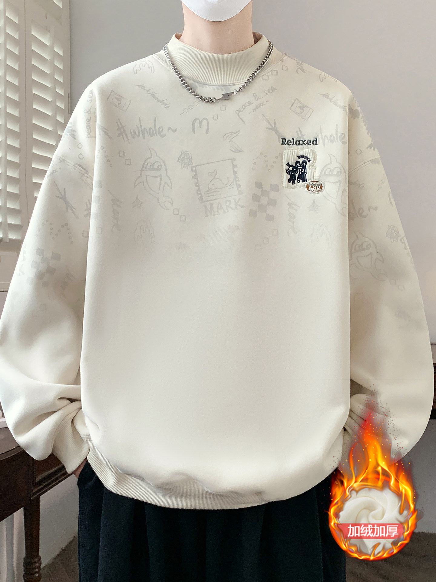 加绒加厚秋冬季卫衣男孩初中高中学生长袖t恤青少年大童保暖男装