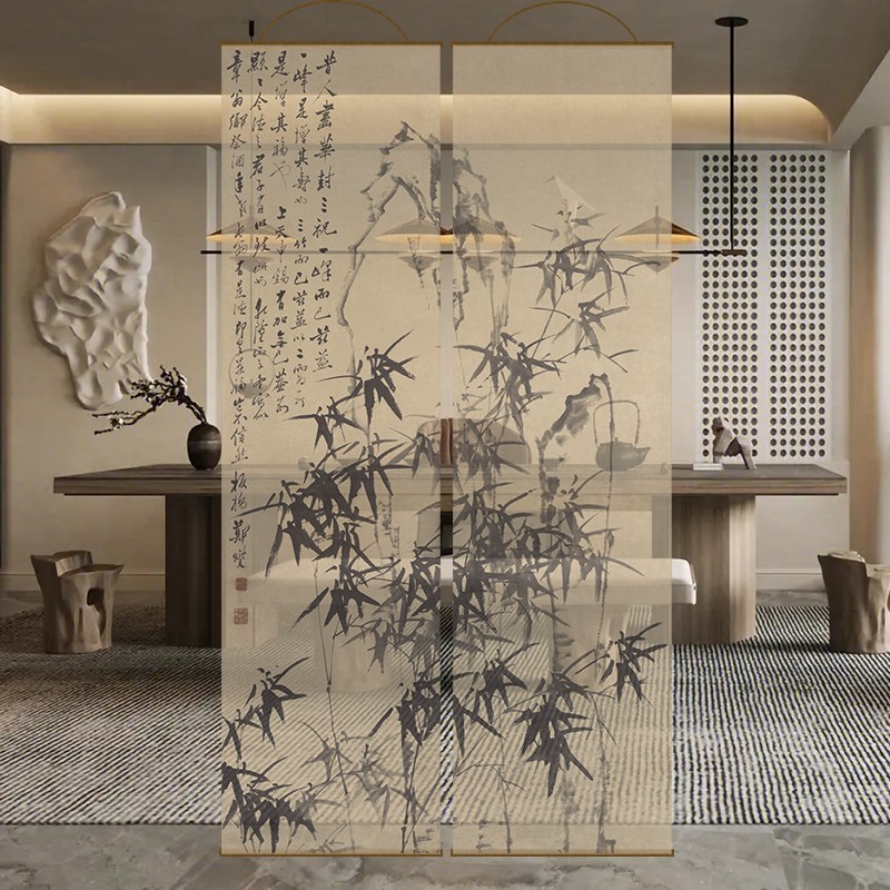 水墨竹双面透景屏风纱中式卷帘隔断帘挂帘水墨窗帘纱帘透光小号隔