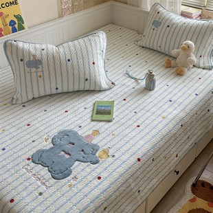 蓝色小象加厚夹棉床盖单件冬季珊瑚绒床单三件套加绒床垫子