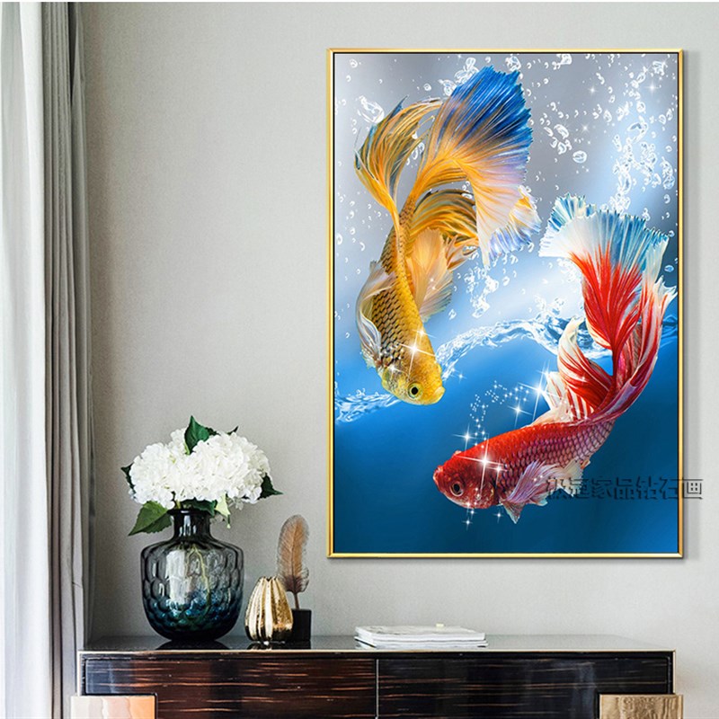 新款双锦鲤钻石画满钻玄关十字绣欧式客厅装饰画年年有余钻石贴画