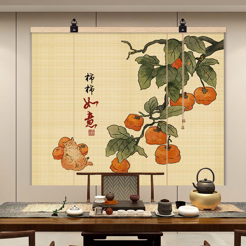 中式复古竹帘挂帘玄关表箱遮挡帘茶室卷帘窗帘屏风背景